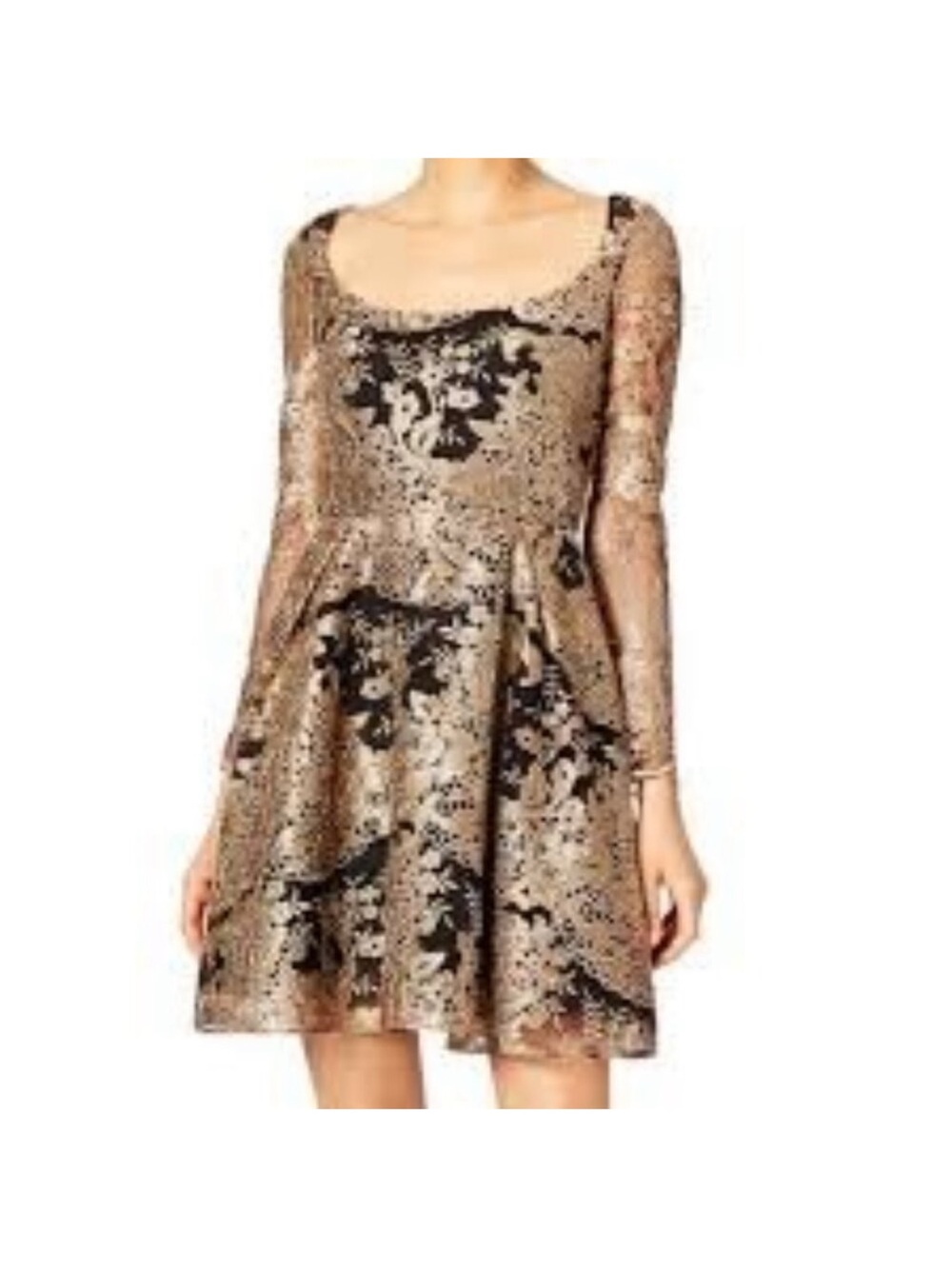 Long-Sleeve Gold Brocade Fit & Flare Dress Marchesa Notte size 12
